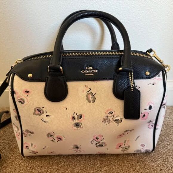 Coach Mini Bennett Satchel Crossbody Bag – Floral Print, Black/Pink, Leather - Picture 1 of 10